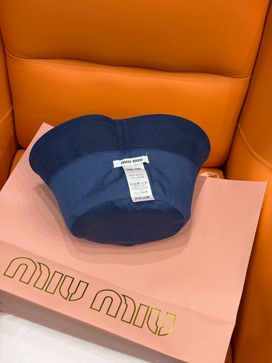 Miu Miu Navy Blue Logo Embroidered Bucket Hat with Drawstring